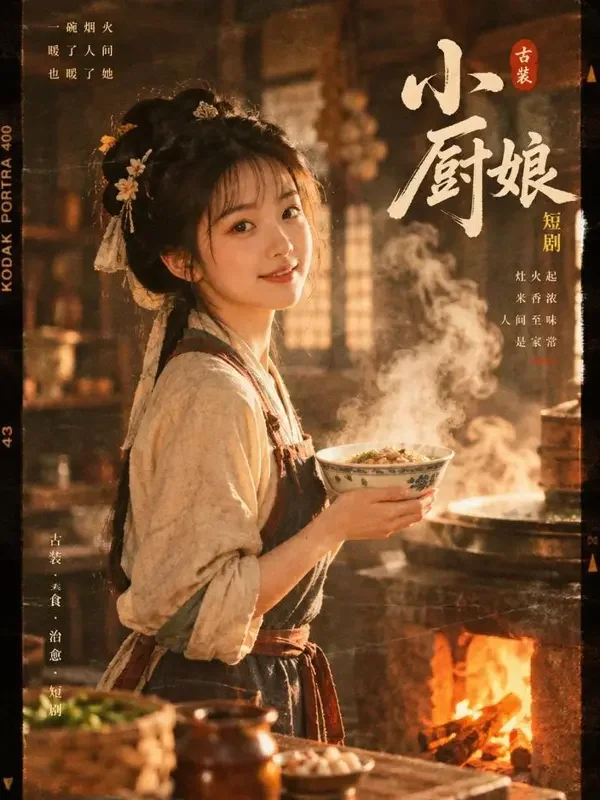 黄果短剧《王爷请你尝尝我的手艺》复古胶片风海报，古装题材