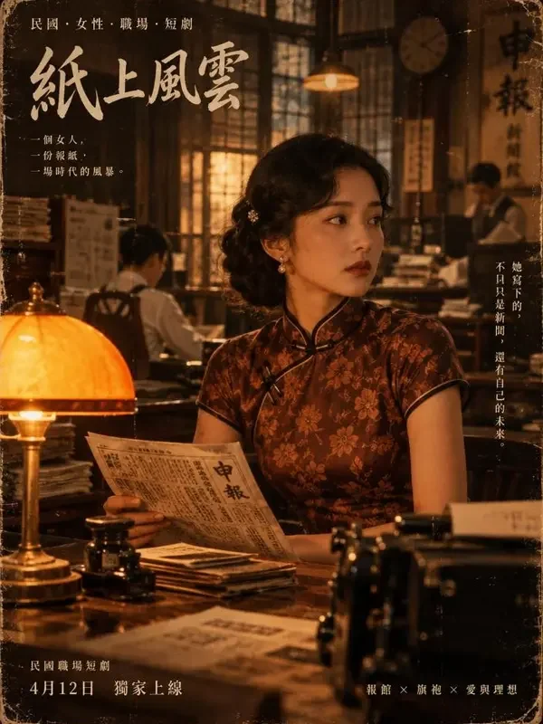 黄果短剧《穿成民国女主编，我用头条改结局》复古胶片风海报，穿越重生题材